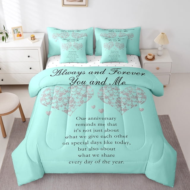 Erosebridal Ensembles de Literie à Imprimé Cœur d'Amour Format Grand, Ensembles de Douillette Romantiques de la Saint-Valentin avec Draps, Sarcelle, Réversible