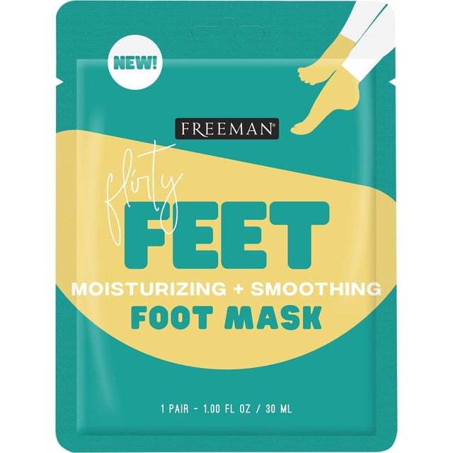 Freeman Flirty feet moisturizing and smoothing foot mask 30 ml package in teal and yellow with foot illustration, designed for dry skin treatment and hydration to soften and refresh feet.