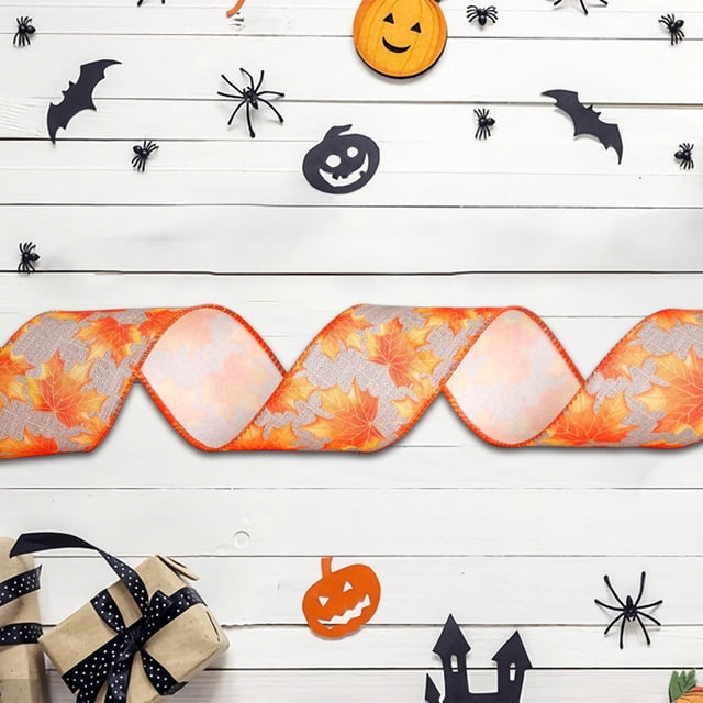 Multicolor Halloween Party Decoration Ribbon 16.4 Foot Faux Linen Woven Ribbon With Pumpkin Maple Leaf Design Seasonal Festive Decor Diy Craft Gift Wrapping 0.19 Lb