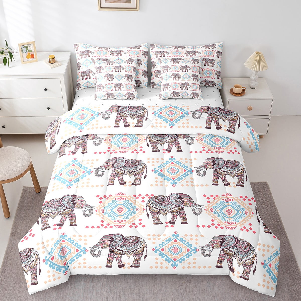 YST 7Pcs Elephant Comforter Sets Queen Size, Boho Elephant Aztec Bed in a Bag (1 Comforter, 1 Flat Sheet, 1 Fitted Sheet, 2 Pillowcases, 2 Throw Pillow Covers)