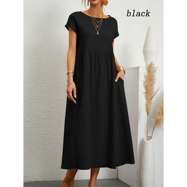 2024 Nouvelle Robe Femme Rétro Couleur Unie Sans Manches Jupe Longue Ample avec Poches