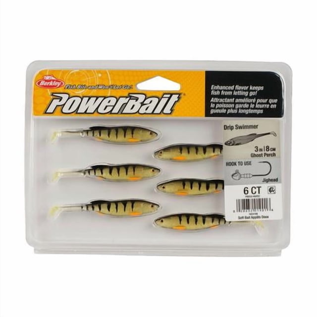 Berkley Powerbait Drip Swimmer Perche Fantôme 3-inch (8 cm) Leurres de Pêche en Plastique Souple dans un Emballage Transparent avec six swimbaits à Motif de Perche Dotés de Queues Micro-Bottes pour une action Serrée, Conçus pour le Gréement de jighead et des techniques de Pêche de finesse pour Attirer les Poissons sous Pression.