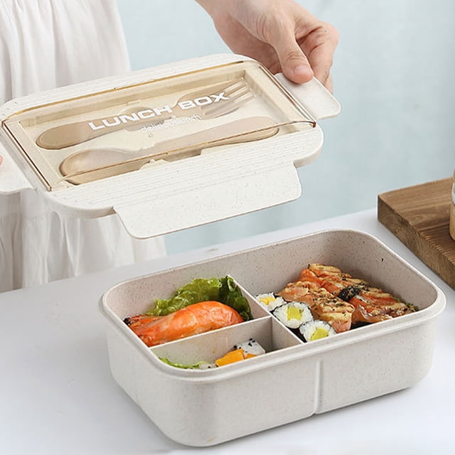Lunch Boxes with 3 Compartments and Utensils, a beige plastic bento box for men, women, and kids. This leakproof food storage container features a lid with integrated utensils and three divided sections for meal prep or snacks. Ideal for kitchen organization and microwave heating with the lid removed.