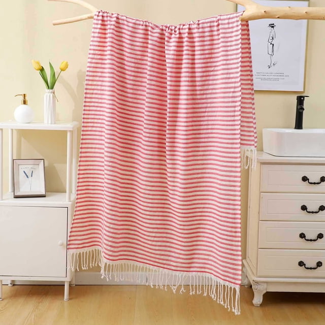 Fringed Striped Beach Towel with Backpack - Quick-Dry Microfiber Towel Set Absorbent Travel Towel for Pool & Yoga Lightweight Towel, Red, JKODE