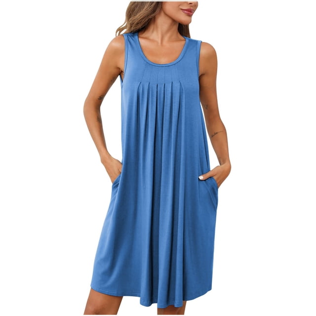 Dvkptbk Robe d'Été de Plage pour Femme 2024 Décontractée à Col Rond à Manches Courtes Robe Débardeur Mini Robes Fluide à Volants Boho Robe Soleil avec Poches P-2TG