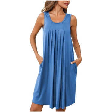 Pisexur Robe d'Été pour Femme, Mode, Plissée, Robe de Plage Décontractée Sans Manches, Couleur Unie, Débardeur Ample, Robe Soleil avec Poche