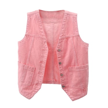 Meichang Women's Sleeveless Denim Vest V Neck Open Front Button Down Jean Waistcoat Jacket Dressy Casual Solid Denim Tank Top Pink M