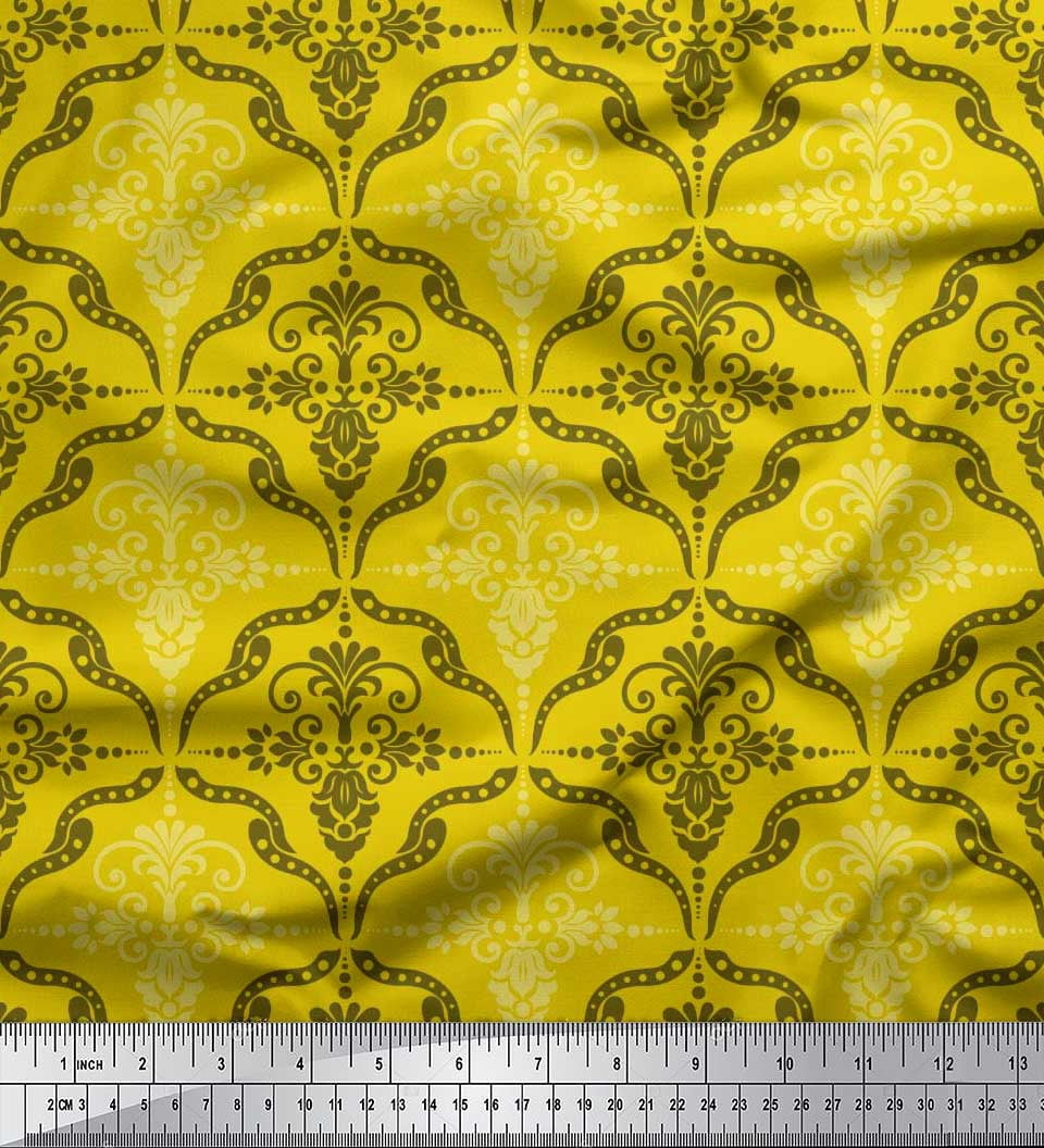 Soimoi polyester Crepe Fabric Filigree Damask Fabric Prints By Yard 42 Inch Wide