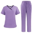 thumbnail image 3 of Ensemble de Sarrau Jogger 2 Pcs pour Femmes, Uniformes d'Infirmière Classiques et Tendance, Hauts à Manches Courtes à Encolure Croisée et Pantalons, Uniforme Médical, Violet, G, 3 of 3