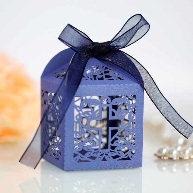 Langgg 50 Pieces Gift Boxes Snack Chocolate Cookie Package Holder Paper Decorative Atmospheres Packing Ribbon Hollow Container White Blue