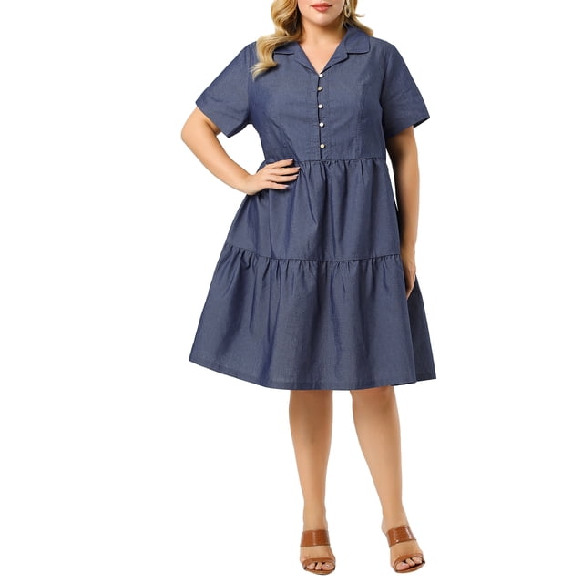 Agnes Orinda Robe en Chambray pour Femme Grande Taille, Manches Courtes, Boutonnée, Fluide, à Volants, Robe-Chemise 4X Bleu
