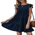 thumbnail image 1 of Women Casual Pleated Dress  Adults Spring Solid Color  Neck Short Sleeve One-piece, 1 of 4