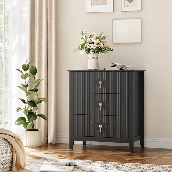 3 Drawer Dresser for Bedroom, 27.5"W Wooden Chest of Drawers with Metal Handles, Fluted Clothes Storage Organizer, Dresser Narrow Nightstand, Black