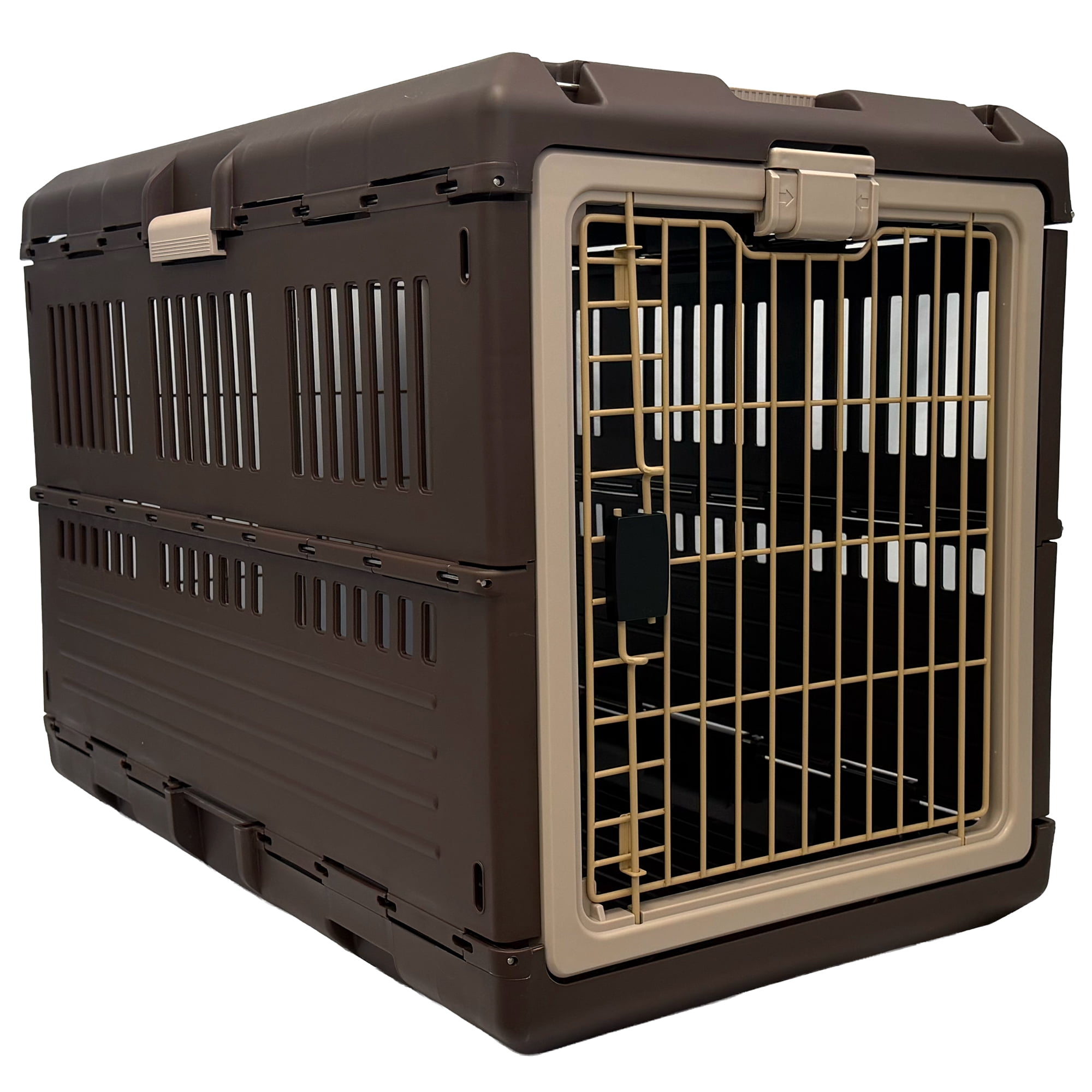 Mirapet Pet Carrier & Crate, Collapsible Kennel for Large Dogs or Cats, 35", Brown/Beige