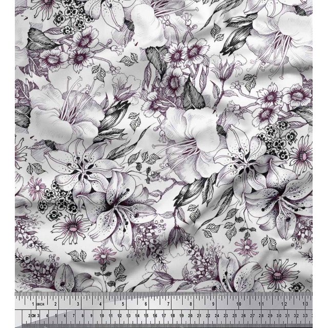 Soimoi polyester Crepe Fabric Leaves & Flower Floral Print Sewing Fabric Yard 52 Inch Wide