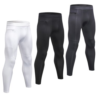 3 Pack Men Compression Pants Stretchable Bodycon Moisture-Wicking Quick Dry Zipper Pocket Running Tights Workout Leggings Sportswear