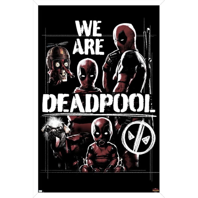 Marvel Deadpool & Wolverine - We Are Deadpool Wall Poster with Magnetic Frame, 22.375" x 34" featuring a black background with white distressed text 'WE ARE DEADPOOL'. The poster displays an adult Deadpool in red and black suit with swords, a baby Deadpool with a pacifier, a dog wearing Deadpool-style gear and glasses, and a floating Deadpool head with a propeller helmet. A white chalk-like Deadpool logo is on the right side. Printed on glossy paper with high-resolution artwork and framed with a magnetic wood frame, ideal for bold wall decor in bedrooms, offices, or dorms, and suitable for party decoration.