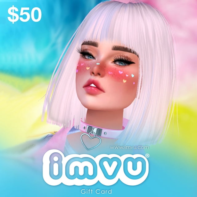 IMVU Carte-cadeau de 50 $ code Numérique Mettant en Vedette un avatar aux Cheveux Raides Rose Pâle et un Collier Ras-du-Cou Rose avec un Pendentif Cœur Argenté, sur Fond Dégradé pastel de Bleu, Jaune et Rose avec le logo et le Site Web IMVU.
