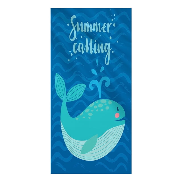 Sandproof Beach Blanket Lightweight Microfiber Beach Towel, measuring 30x60 inches, featuring a vibrant blue design with a playful whale illustration and the text 'Summer Calling.' Made of ultra-lightweight microfiber, it is sandproof, quick-drying, and ideal for travel, swimming pools, and beach use.