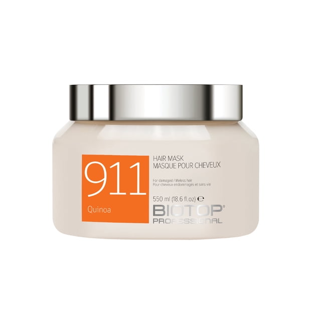 Biotop 911 Quinoa Hair Mask 550mL in a sleek jar with a silver lid and orange label, formulated for deep repair of damaged hair. This moisturizing hair treatment enhances elasticity, softness, and shine with quinoa extract, castor oil, and sunflower seed oil. Paraben-free and cruelty-free.