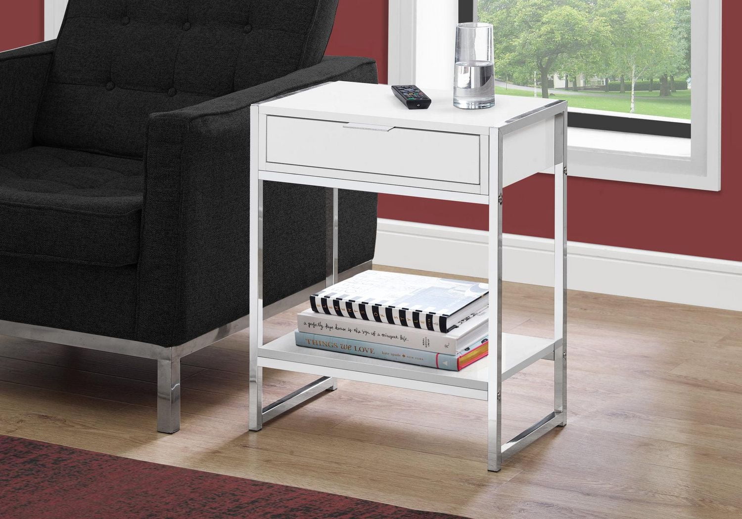 Monarch Specialties Accent Table, Side, End, Nightstand, Lamp, Storage Drawer, Living Room, Bedroom, Glossy White Laminate, Chrome Metal, Contemporary, Modern