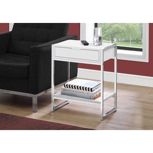 Monarch Specialties Accent Table, Side, End, Nightstand, Lamp, Storage Drawer, Living Room, Bedroom, Glossy White Laminate, Chrome Metal, Contemporary, Modern