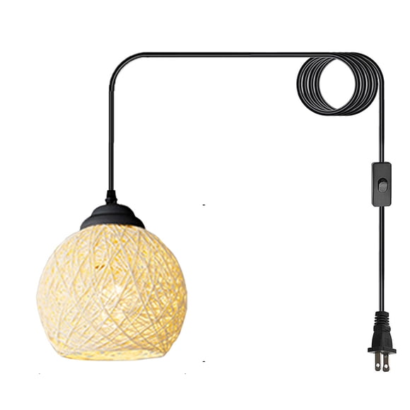 Hanging Pendant Light Plug In Modern Minimalist Wabi-sabi Dining Room Kitchen Island Rattan Beige Swag Lights With Plug In Cord Rattan Light Fixtures Ceiling Hanging