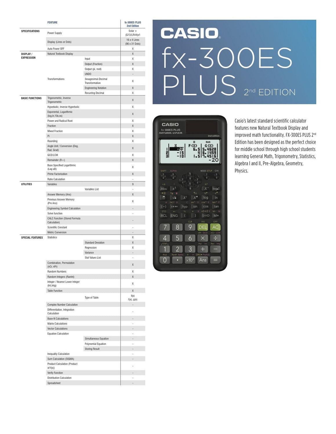 CASIO, FX300ESPLUS2, Blue Scientific calculator for High school or College