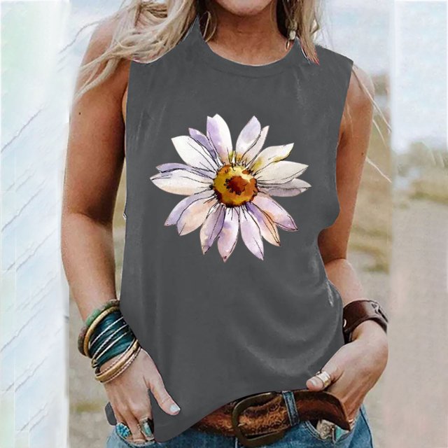 EGNMCR Camisoles pour Femmes T-Shirt d'Été Décontracté à Imprimé à Col Rond Ample Sans Manches pour Femme