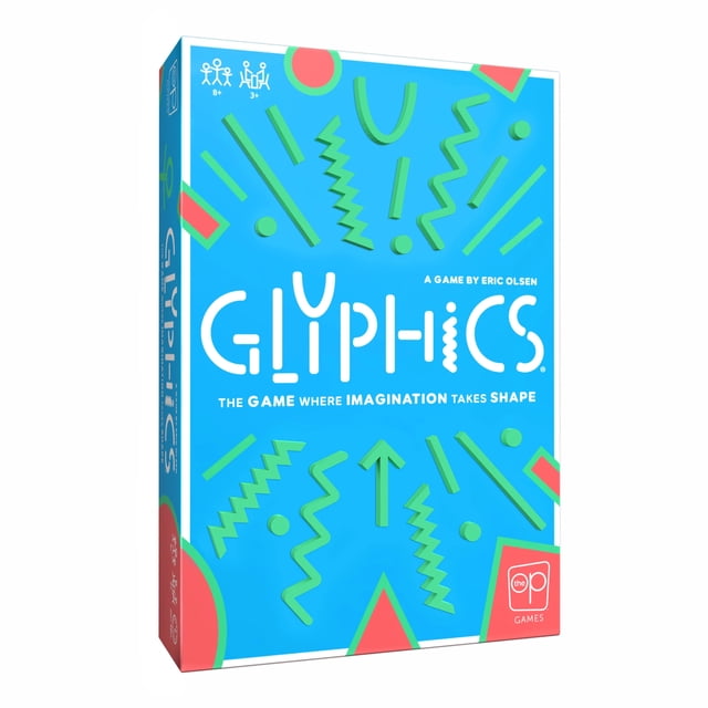 USAopoly Boîte de Jeu de Société de Glyphes avec un Fond Bleu Présentant des Formes Géométriques Vertes comme des zigzags, des Flèches et des Lignes. le Titre Blanc Stylisé « Glyphics » Est Centré avec le Slogan « le Jeu Où l'Imagination Prend Forme » Ci-Dessous. Conçu pour 8 Ans et Plus avec 3 Joueurs Ou Plus, Ce Jeu de Société Classique Encourage le Jeu Créatif et les Devinettes Rapides.