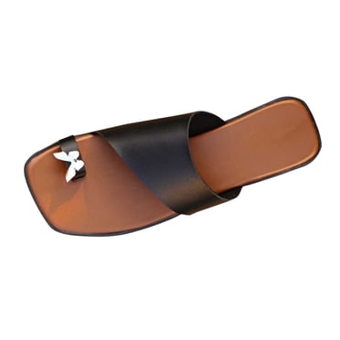 LOVZFMLL Women's Slide Sandals Ring Toe Flat Sandals Slip On Square Open Toe Flip Flop Thongs Casual Summer Beach Slippers Black 5.5