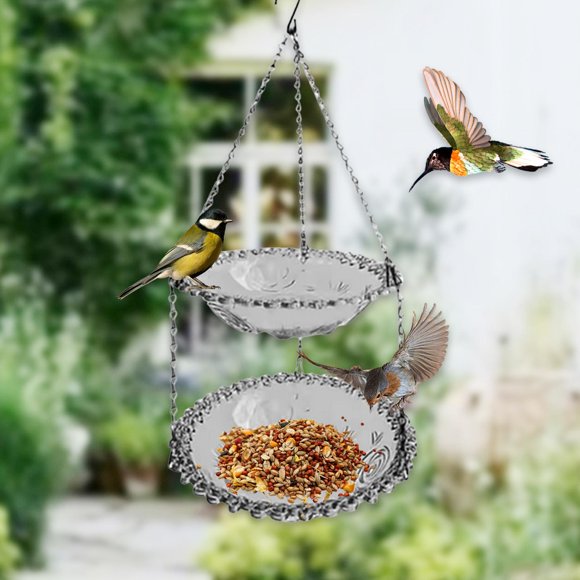 DYNWAVECA Outdoor Bird Feeder Hanging Bird Bath Drinker Plate Double Layer Garden Birdbath Birdfeeder for Yard Balcony Backyard Outside Gray