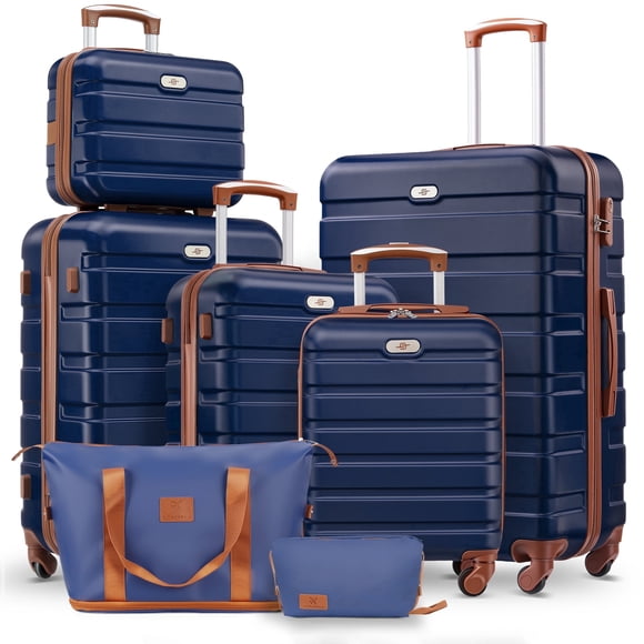 Gowill Ensembles de Bagages 7 Pcs, Valise Rigide Légère en ABS de 13/16/20/24/28 Pouces avec Sac de Sport Extensible (Bleu Marine Beige)