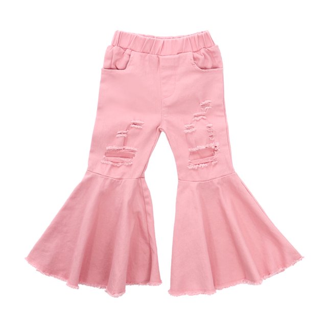 Xingqing Toddler Girls Flare Pants Denim Ripped Jeans Bell Bottom Long Pants Kids Ruffle Leggings Trousers