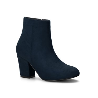 BLISSFUL STEP Women's Side Zipper Block Heel Ankle Boots Navy Blue 6