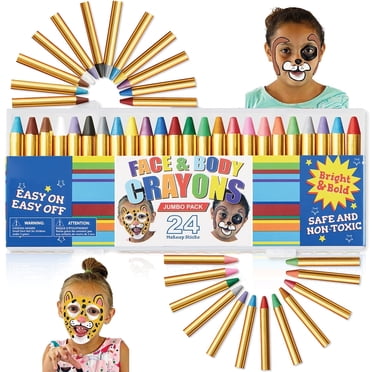 Joyfy 24 Piece Face Paint for Kids, Washable Safe & Non-Toxic Face and Body Crayons (Large Size 7.6cm), Including 6 Metallic Colors for Birthday Halloween Makeup Party Suppiles, Gifts for Kids