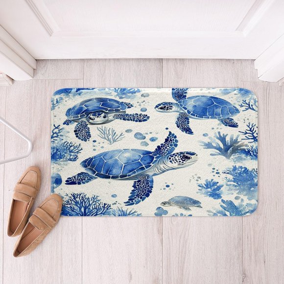 Erosebridal Sea Turtles Bathroom Rugs 20" x 32" Ocean Theme Bath Mats for Children Nautical Blue Corals Cartoon Seaweed Bath Rugs Watercolor Coast Marine Life Bubble Bathroom Accossories