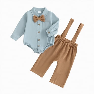 Zanarzt Ensembles de Vêtements pour Bébés Garçons, Tenue de Petit Gentleman pour Bébé Garçon, Nœud Papillon, Barboteuse à Manches Longues à Boutons, Salopette, Pantalon à Bavette, Ensemble de Costumes pour Mariage et Anniversaire, Bleu, 9-12 Mois