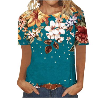 Meichang T-Shirts Chemises pour Femmes Graphique Été Mode T-Shirt Hauts Décontractés Manches Courtes T-Shirt Drôle Floral Col Rond Chandail T-Shirts