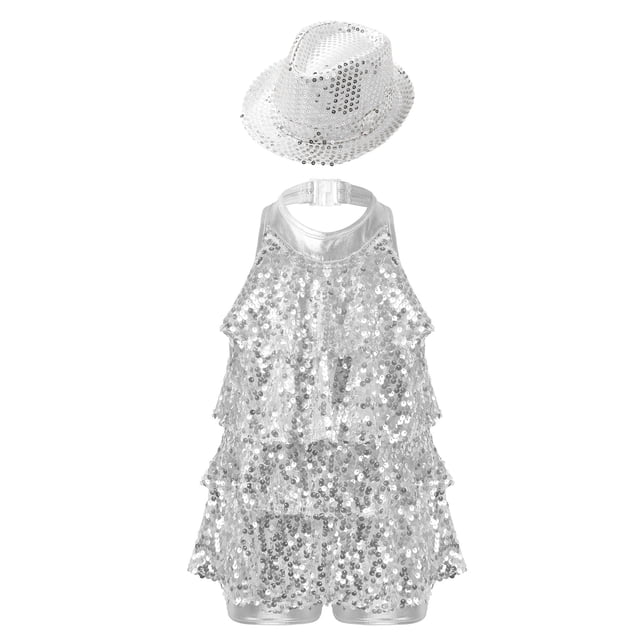 Eandarui Justaucorps-Robe de Danse à Paillettes pour Filles, Col Licou, avec Chapeau, Costume de Performance Salsa Samba Rumba Jazz Argent 4