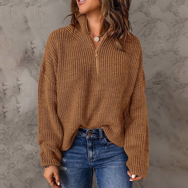 IMENGL Chandail à Col Roulé en Tricot à Manches Longues avec Fermeture Éclair 1/4, Brun 2TG, Taille M-2TG