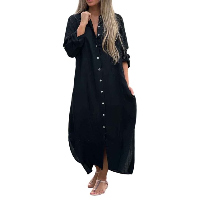 Kcodviy Robe Chemise Unie pour Femmes Robes Portefeuille pour Femmes Décontractées Été Jupe Longue Décontractée Longue Robe d'Été Cocktail Manche Cardigan Robe