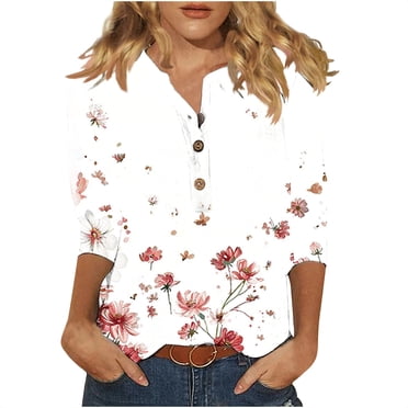 UPPADA Moins de 10 Chemisier à Col en V pour Femme à Manches 3/4 Boutonné à Imprimé Floral Hauts en Lin Tenue Décontractée d'Été Mode T-Shirts Basiques en Coton et Lin Coupe Ample Chandails à Enfiler 2025 Blanc,G