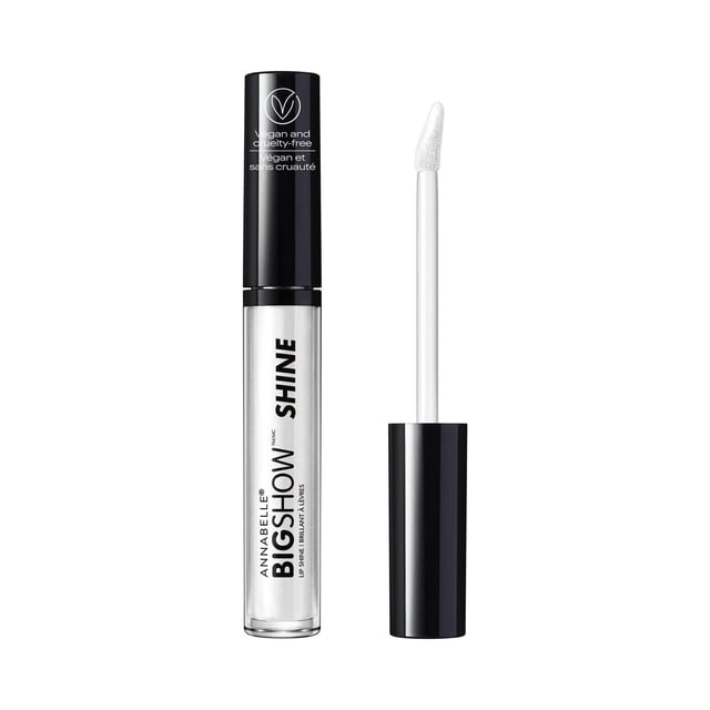 Annabelle Bigshow Lip Shine in a clear tube with black cap marked vegan and cruelty-free, featuring a creamy, non-sticky white gloss with light-reflecting sparkles on the applicator wand, hydrating lips with antioxidants for a soft, shiny finish, suitable for layering over lip pencil.