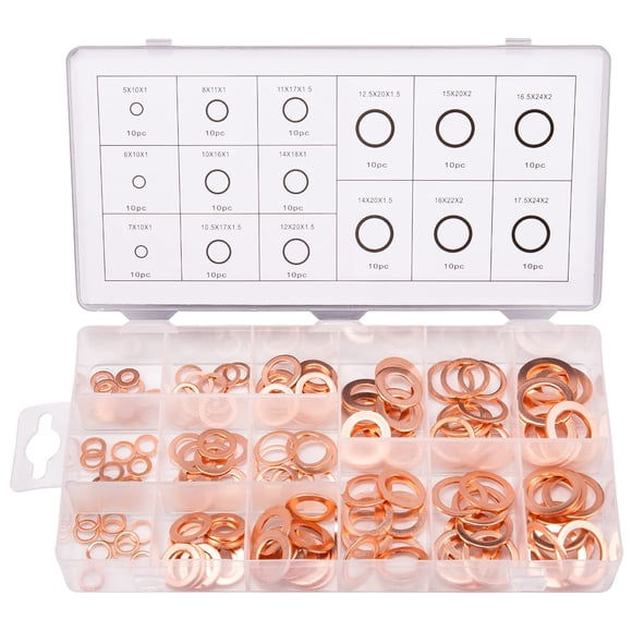 Toolwiz 150 Pcs 15 Tailles Rondelles en Cuivre Assortiment d'Étanchéité Métrique Ensemble Bague Plate Bouchon de Puisard Lavage par Écrasement