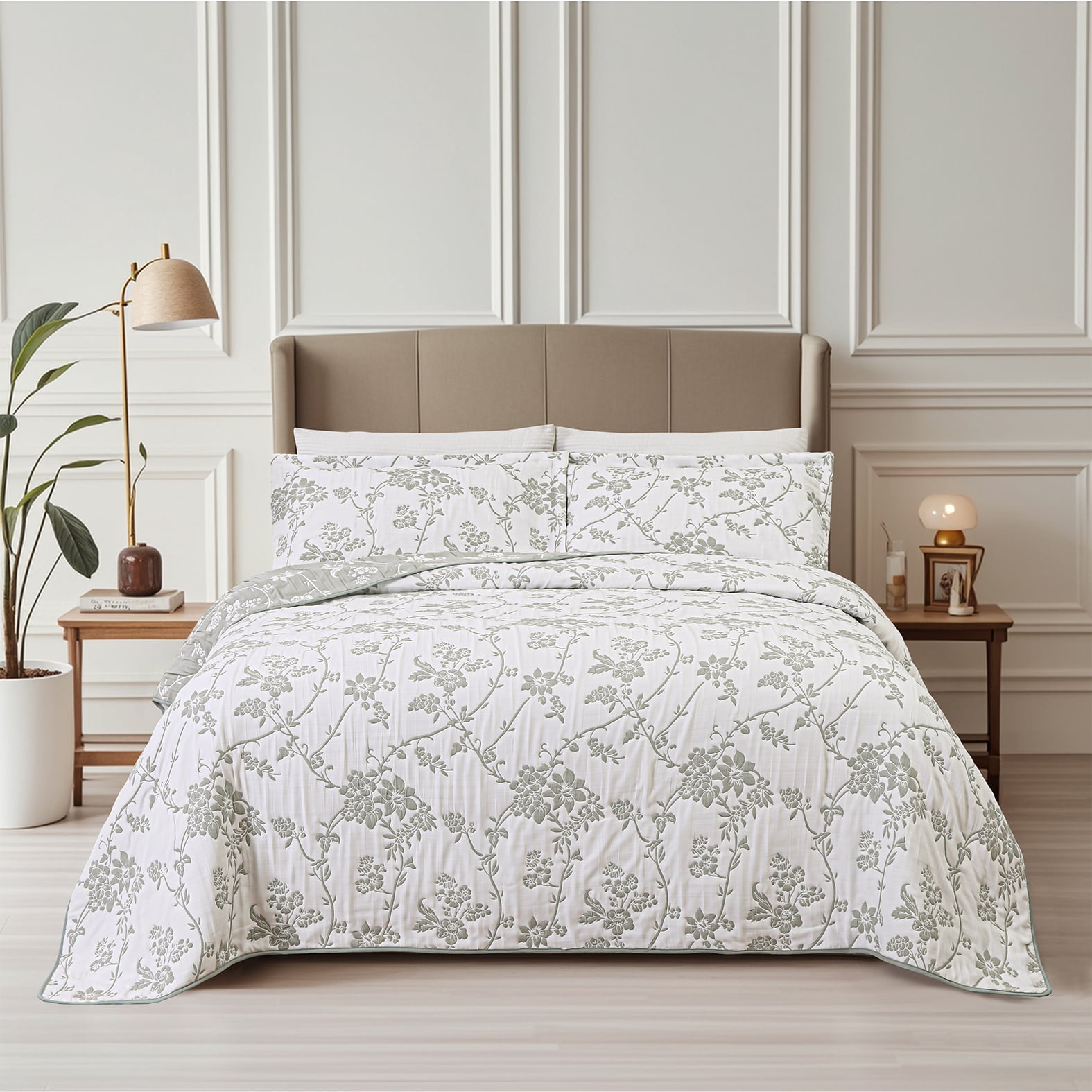 Couvre-lit brodé en jacquard Marina Decoration, parure de lit ultra douce, réversible, avec taies d'oreiller matelassées, motif floral vert