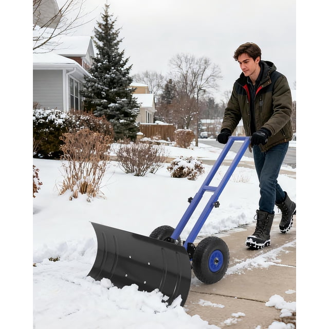 Pelle à Neige Roulante avec Roues – Lame en Métal Robuste 29x14 Pouces – Poignée Ergonomique à 5 Positions Inclinée et Réglable en Hauteur – pour Entrée, Trottoir et Chaussée – Noir et Bleu