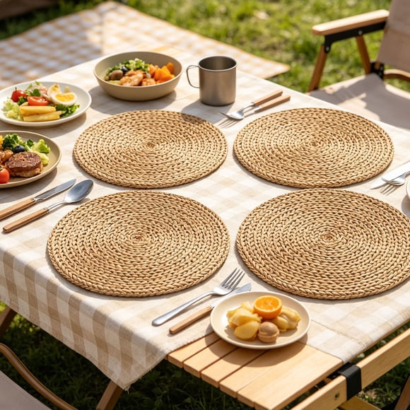 Ovzne Set Of 4 Round Linen Placemats, Washable Heat Resistant Table Mats, 2D Printed Farmhouse Kitchen Dining Table Decor Brown