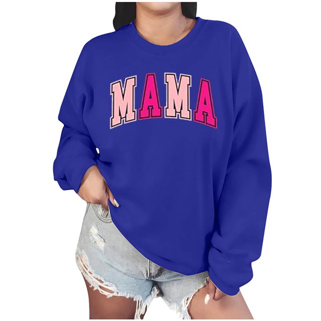 Culottes pour Femmes Chandail Maman Femmes Surdimensionné Paillettes Patch Maman Chandails à Col Rond Imprimé Maman Manches Longues Ample Mode Chandail S Bleu