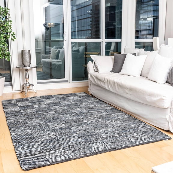 Tapis de chiffon fait main en cuir denim damier Fabstyles pour salon, couloir, patio